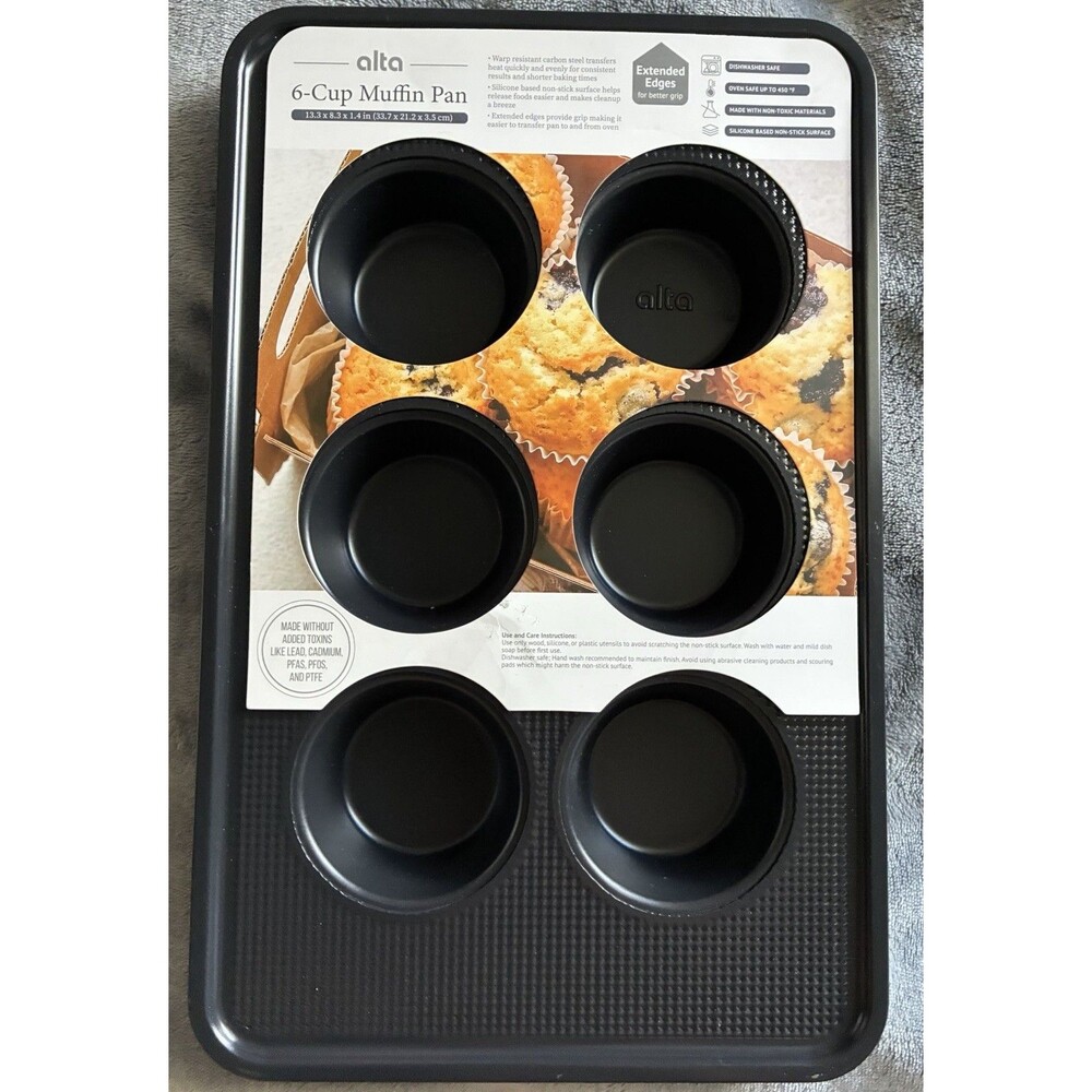 Alta 6 Cup Muffin Pan Nonstick Carbon Steel Oven Safe 450F Black Scratched